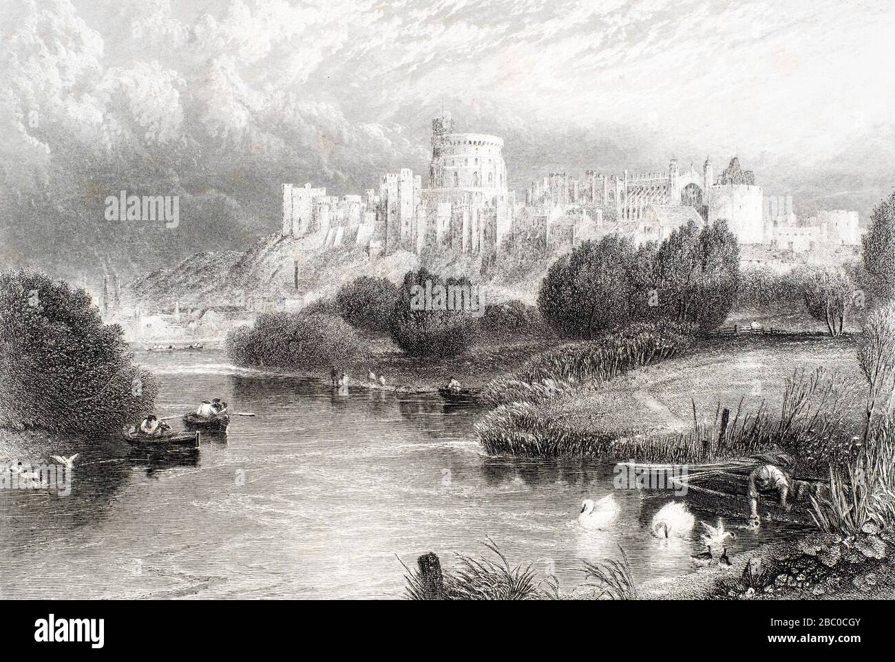 Antique engraving of Windsor Castle from the River Thames Stock Photo