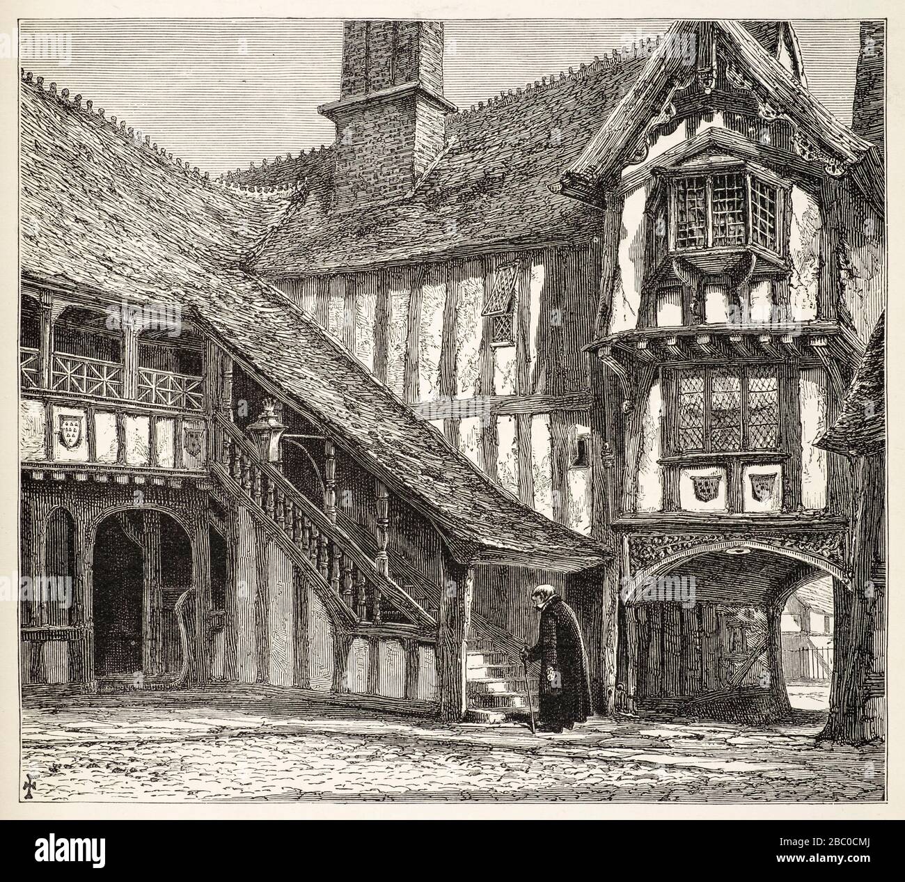 Antique 19th century engraving of the courtyard of Leicester's Hospital in Warwick (now called The Lord Leycester Hospital), founded by Robert Dudley, Stock Photo