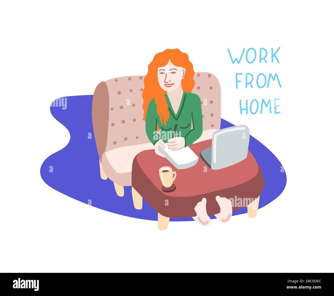 work from home coronavirus covid-2019 prevention - woman with red hair sits on a sofa at a coffee table and works Stock Vector