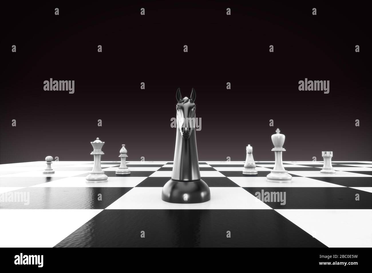 Chess business concept, leader & success. 3D Render Chessboard with Black Horse Leader for Business Strategy and Planning Concept. Isolated with Clipp Stock Photo