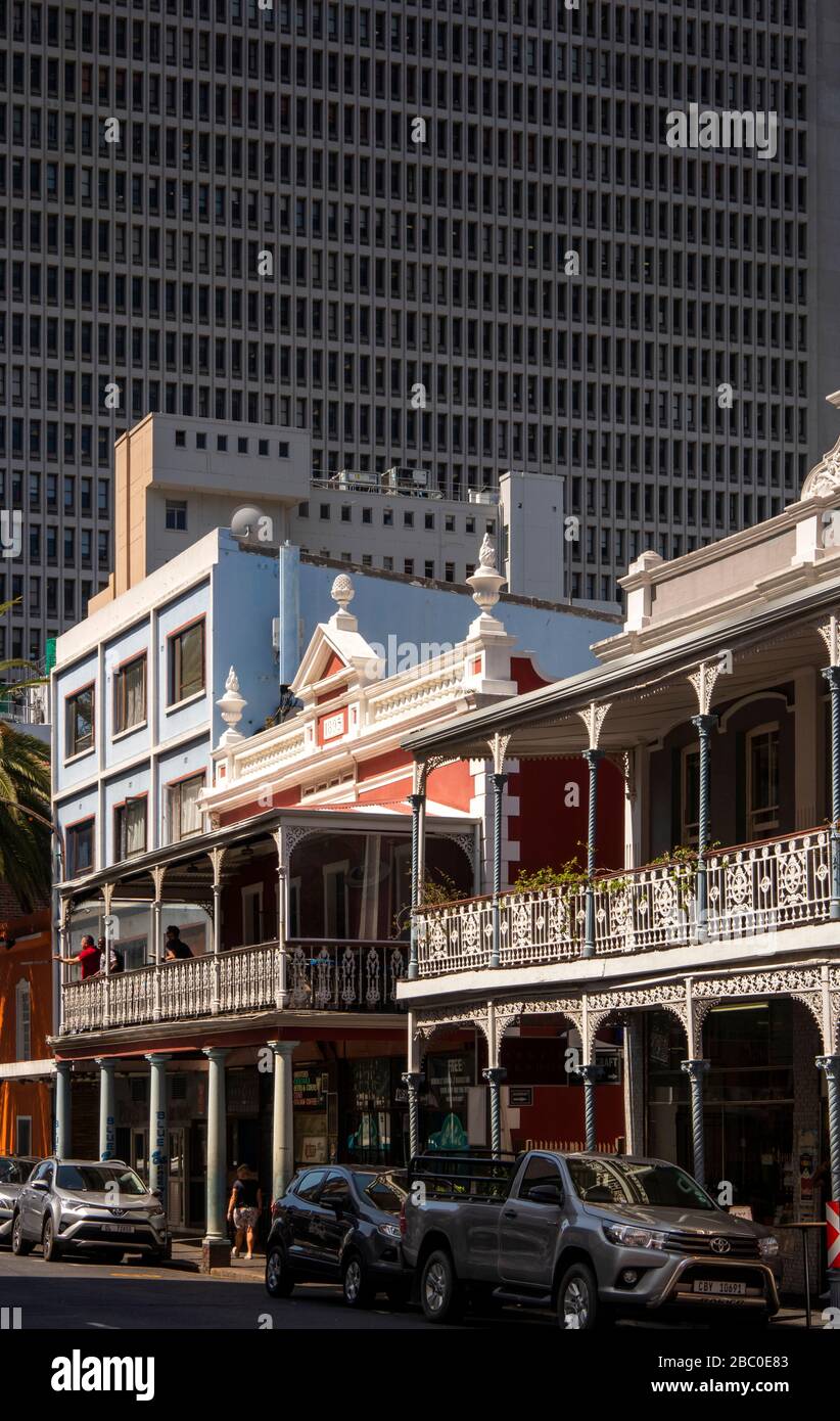 South Africa, Cape Town, Long Street, late Victorian Colonial era buildings with cast iron balconies below modern tower block Stock Photo