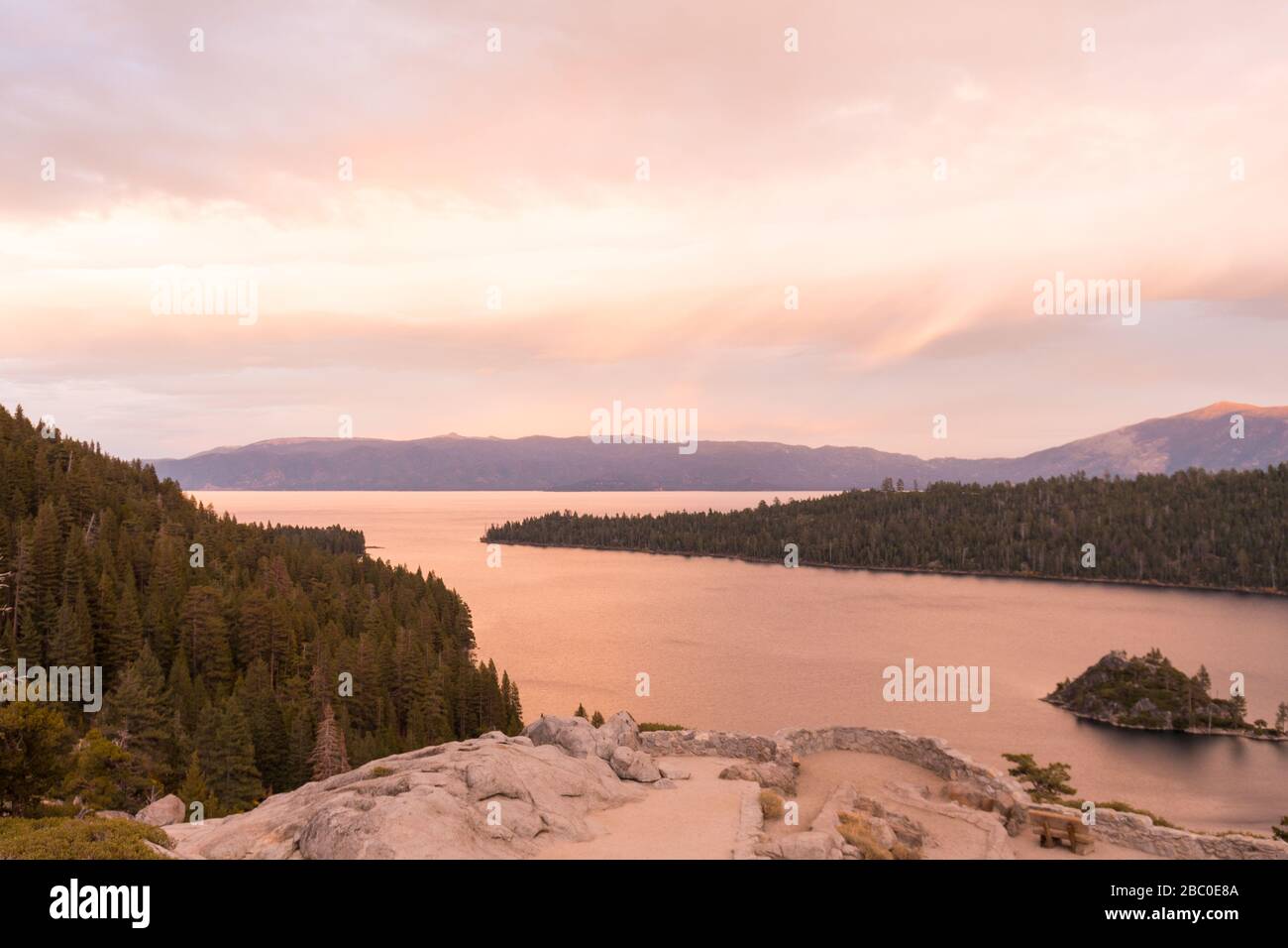 Sunset view over Fannette Island at Emerald Bay in Lake Tahoe Stock Photo