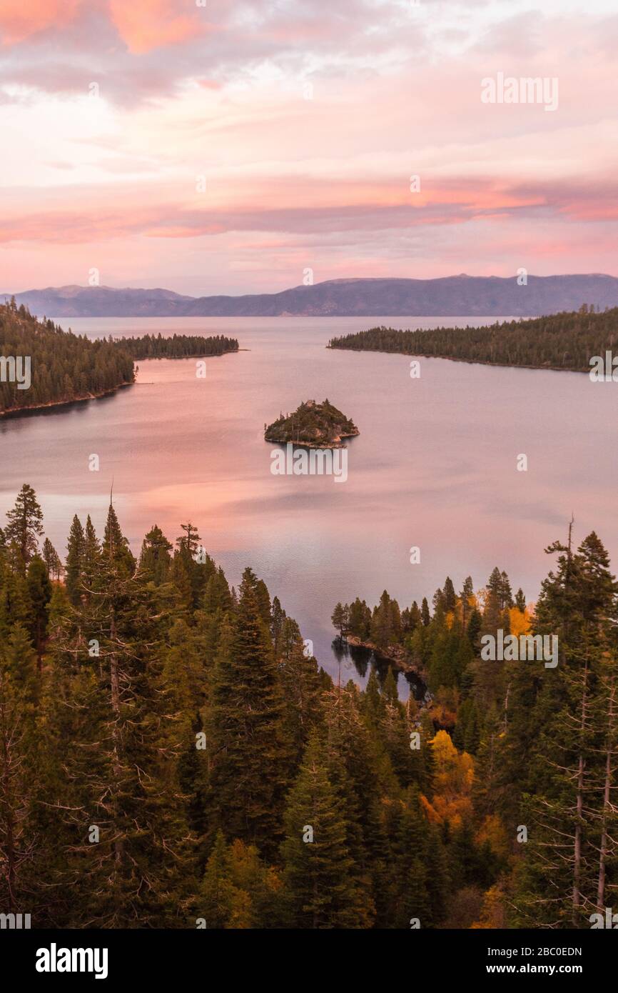 Sunset view over Fannette Island at Emerald Bay in Lake Tahoe Stock Photo