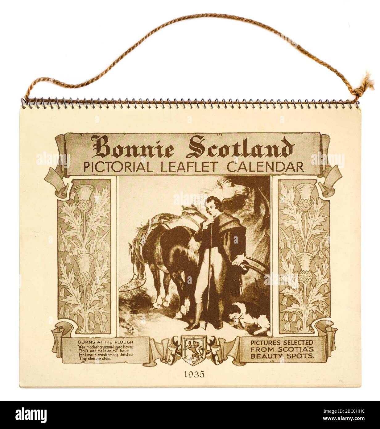 Unused 'Bonnie Scotland' Pictorial Leaflet Calendar from 1935, featuring 'Burns at the Plough' on the front cover Stock Photo