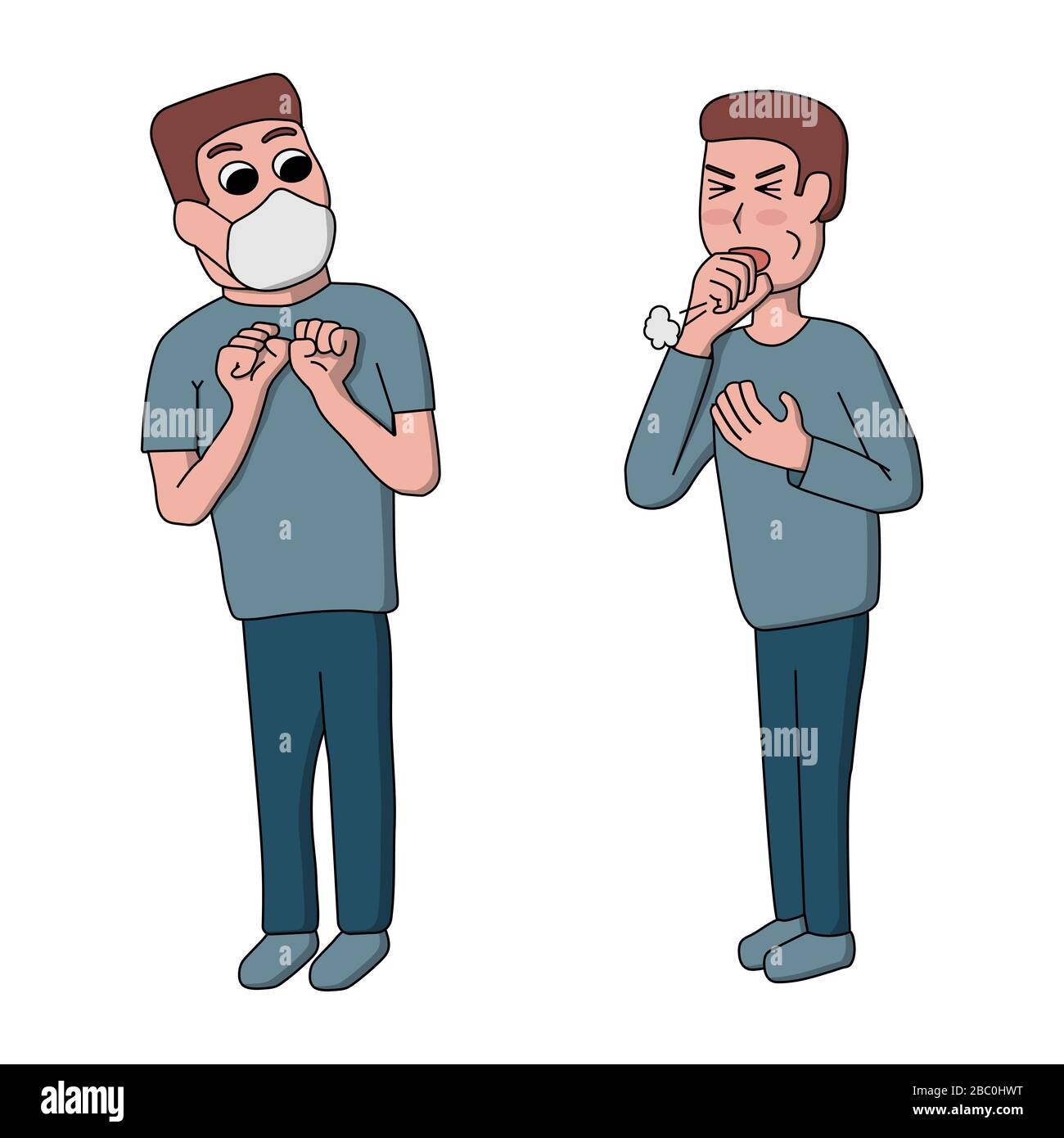flu, coronavirus. two male cartoon characters, a nurse, one coughs and the other in a medical mask. vector illustration Stock Vector