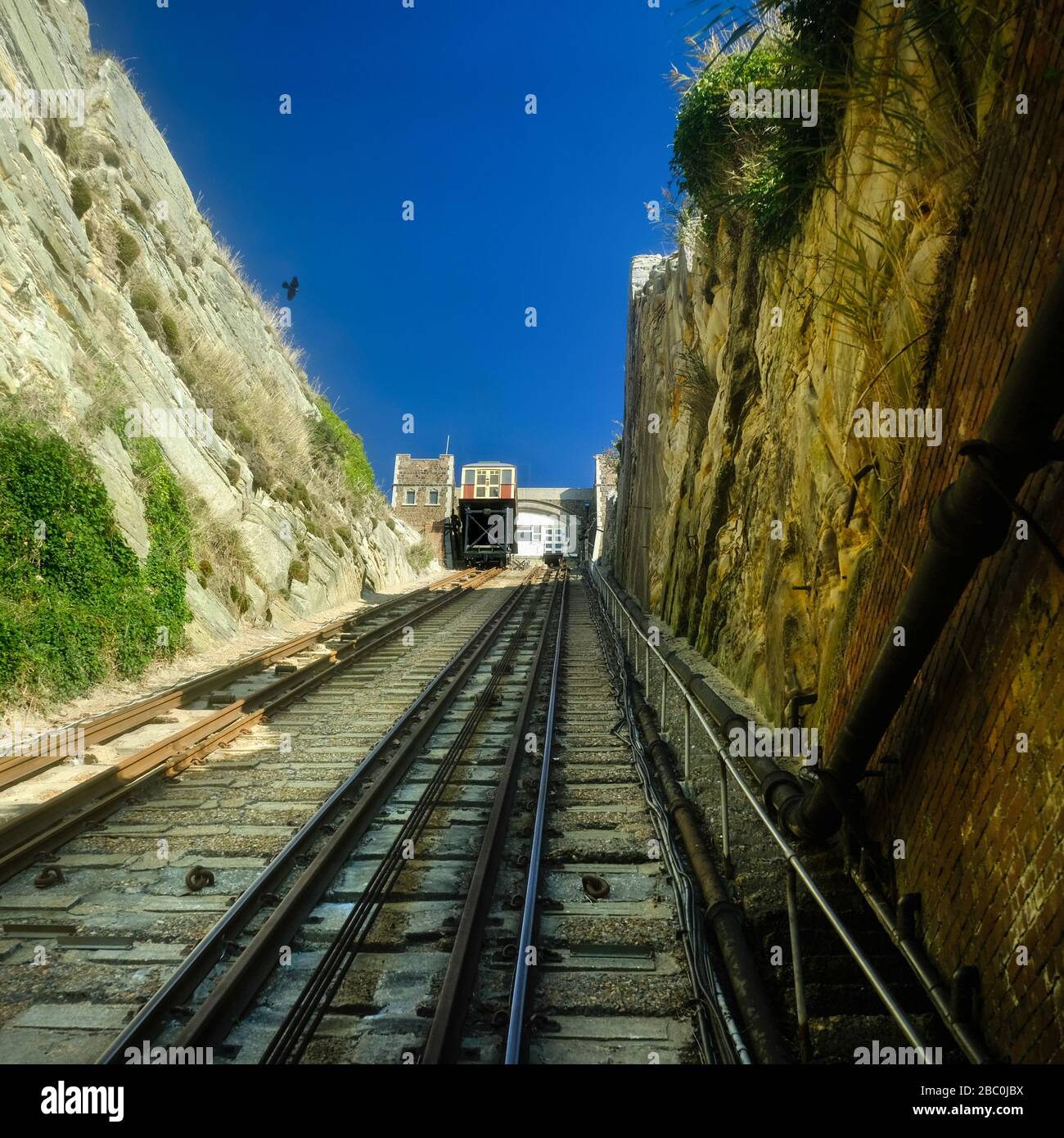 The funicular railway taking visitors to the top of East Cliff in Hastings, East Sussex, UK Stock Photo