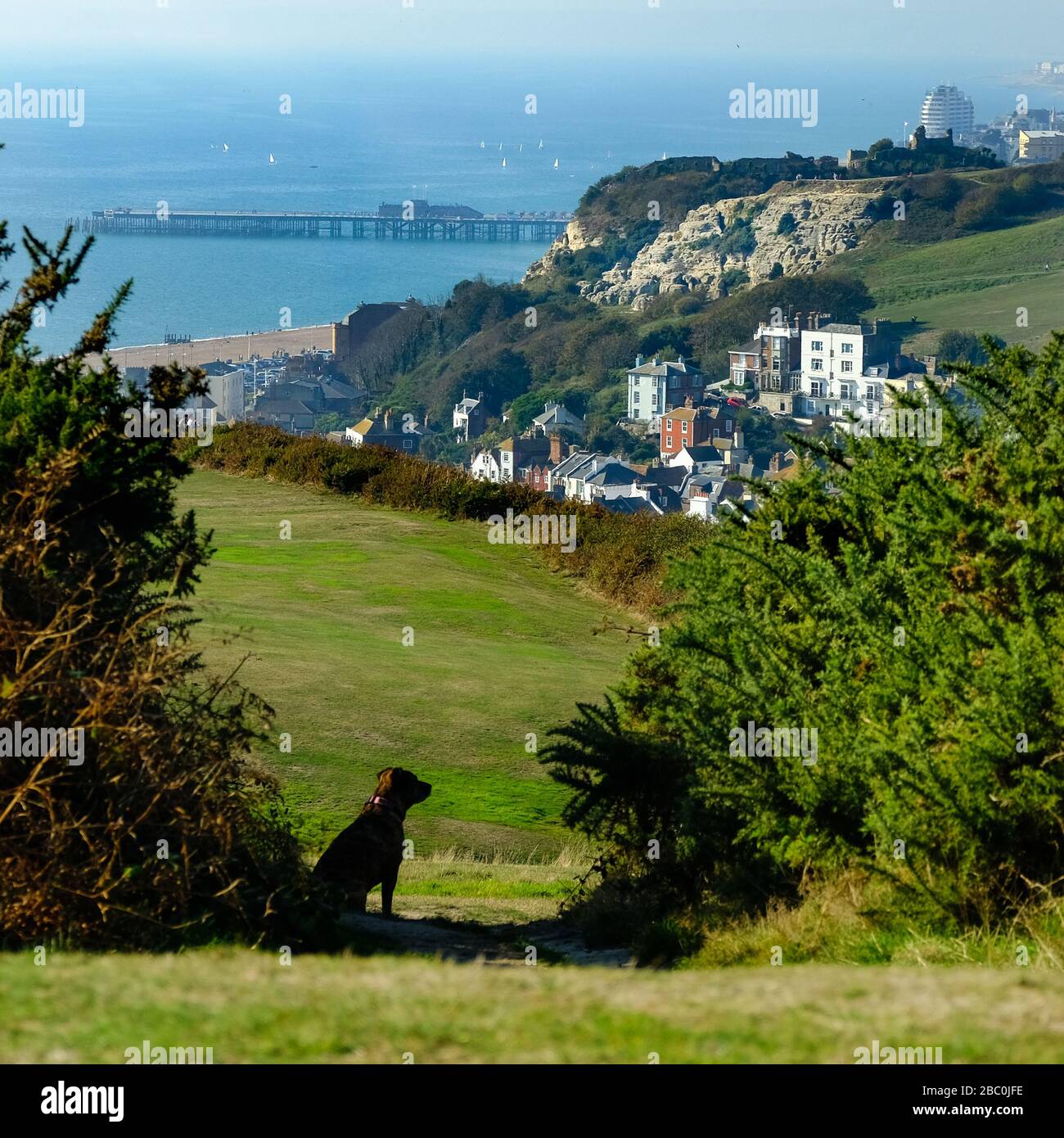 View over the town of Hastings, UK, from the exit of the funicular railway at East Cliff Hill Stock Photo