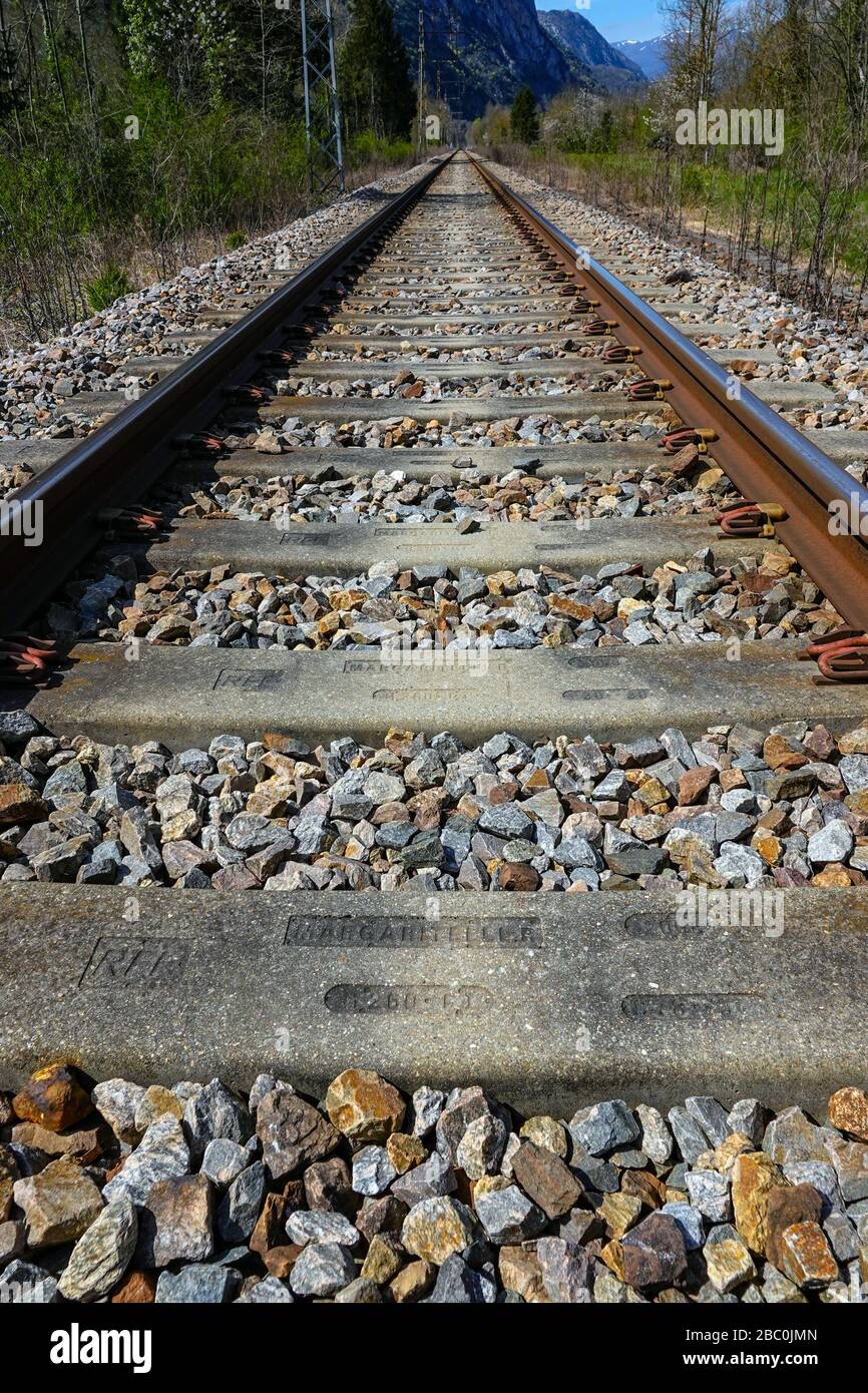 Railway lines disappearing into the distance, showing perspective and ...
