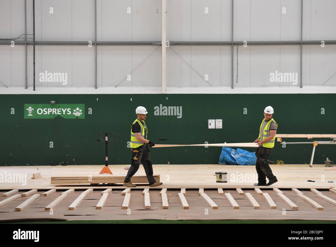 Workers lay flooring during the construction of a field hospital, which will hold up to 340 beds for coronavirus patients, at Llandarcy Academy of Sport, Neath, as the health services in the Swansea Bay area prepare their response to the coronavirus outbreak. Stock Photo
