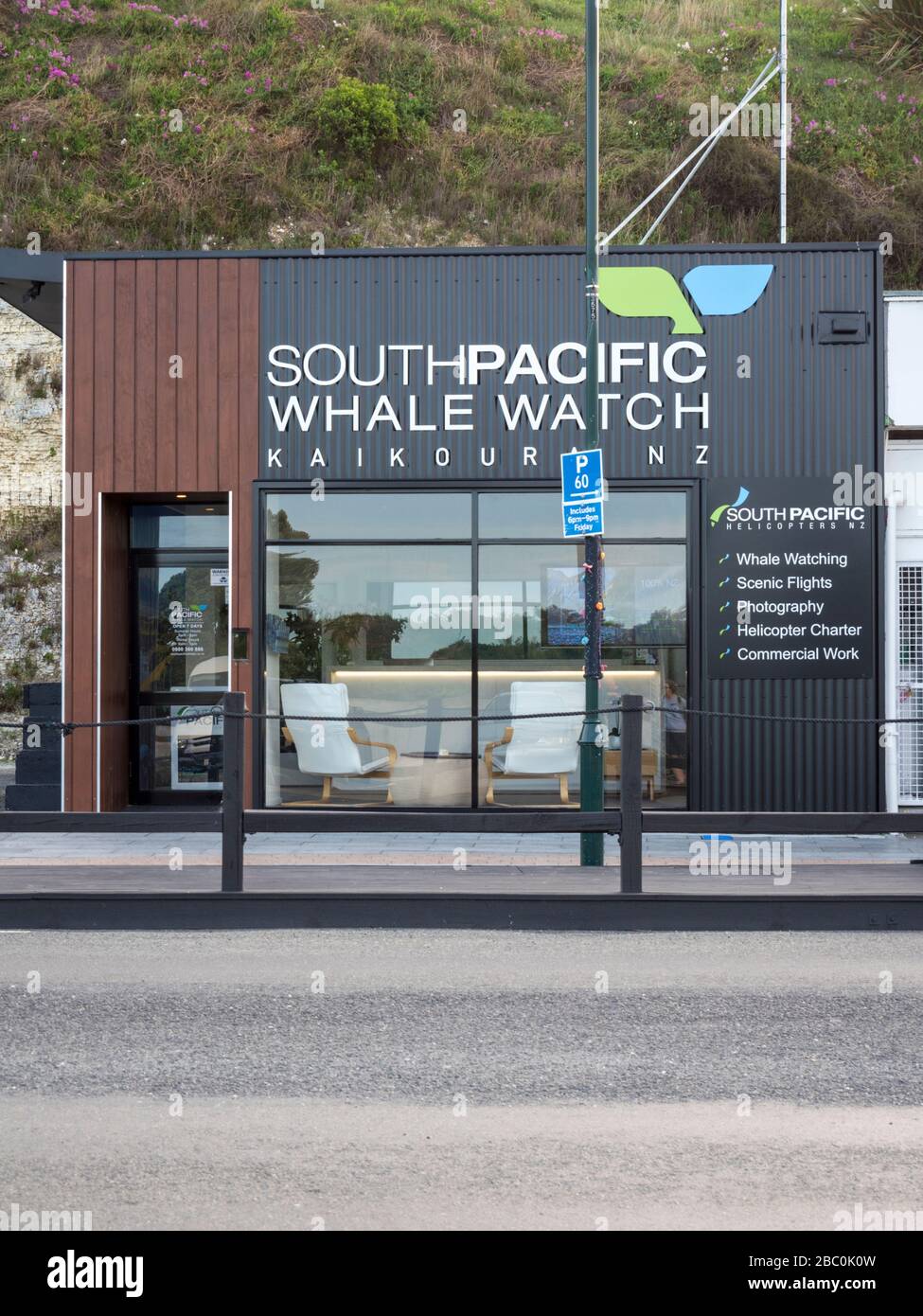 The Southern Pacific Whale Watch company building and booking office at Kaikoura New Zealand. Stock Photo
