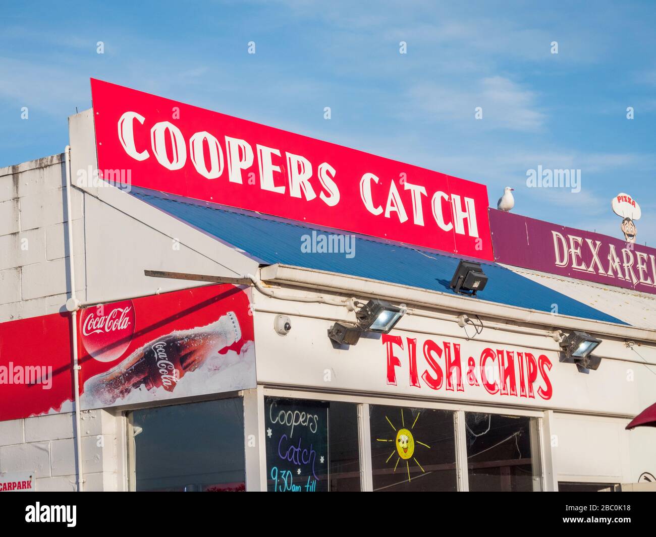 Coopers Catch fish and chip restaurant Kaikoura New Zealand and sign Stock Photo Alamy