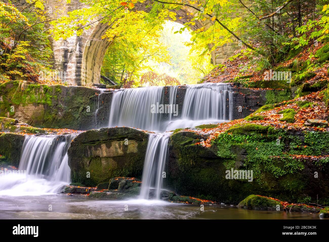 Sunny day in the summer forest. Old stone bridge. Small river and several natural waterfalls Stock Photo