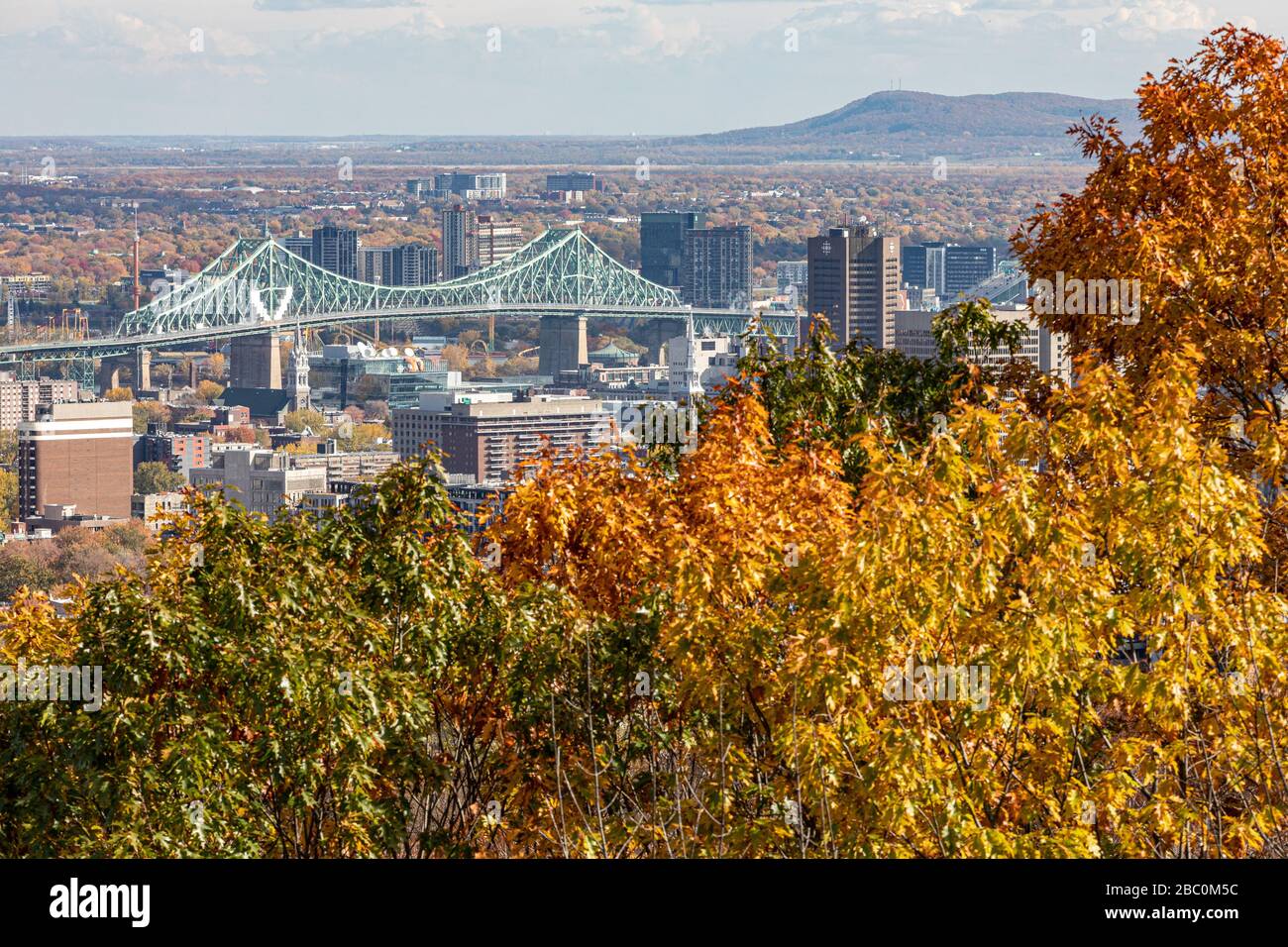 AUTUMN COLORS IN MONT-ROYAL PARK AND VIEW OF THE JACQUES CARTIER BRIDGE AND CITY OF MONTREAL, QUEBEC, CANADA Stock Photo