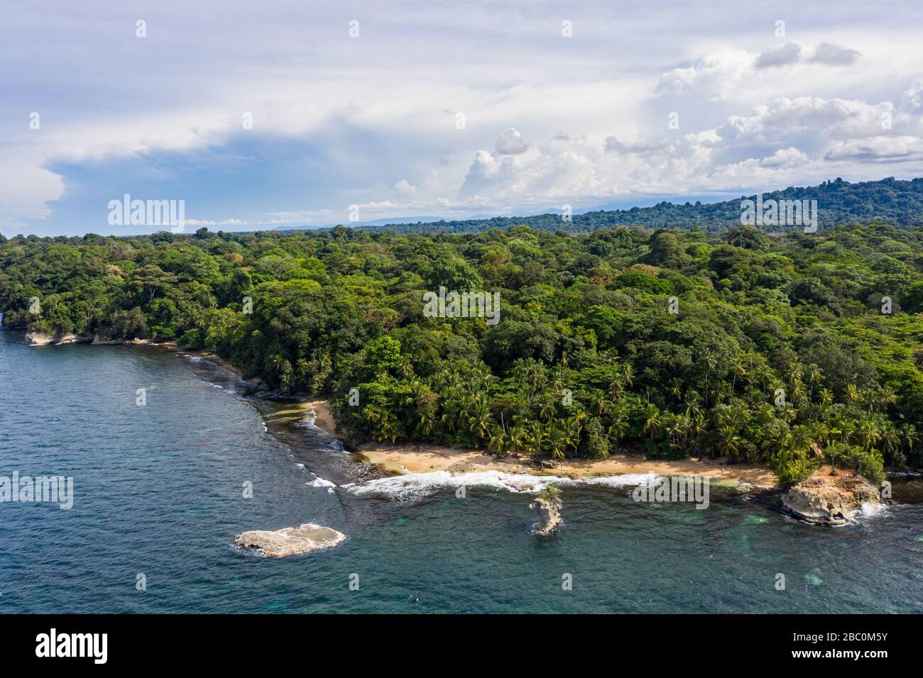 Aerial view of the Caribbean coast of the Gandoca Manzanillo Wildlife Refuge in the Limón Province of eastern Costa Rica. Stock Photo