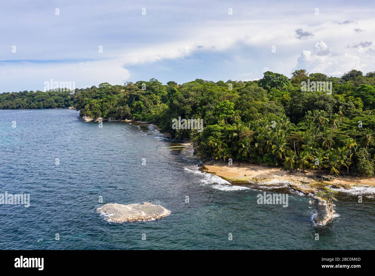 Aerial view of the Caribbean coast of the Gandoca Manzanillo Wildlife Refuge in the Limón Province of eastern Costa Rica. Stock Photo