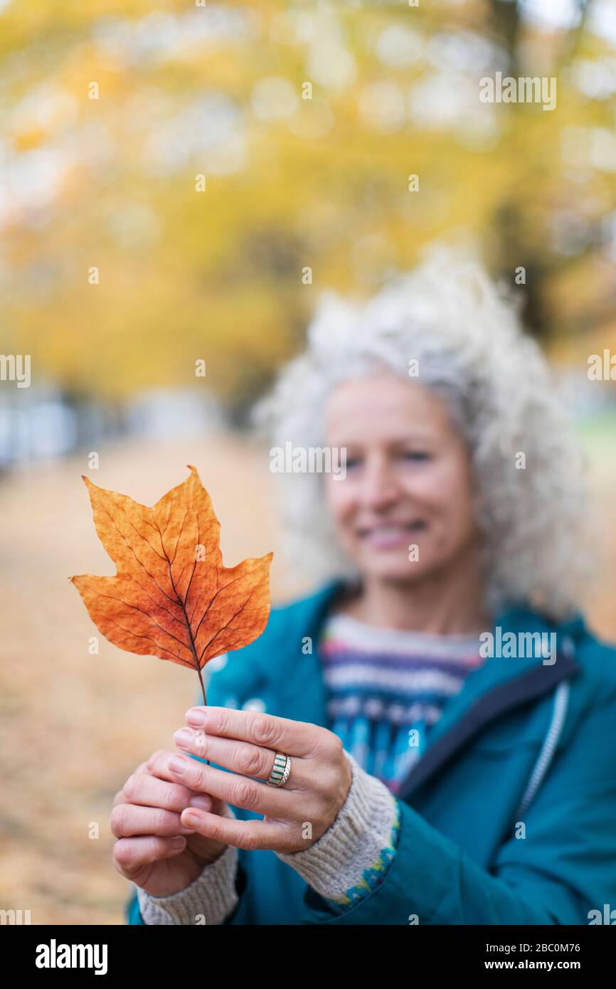 Senior woman holding orange autumn leaf in park Stock Photo
