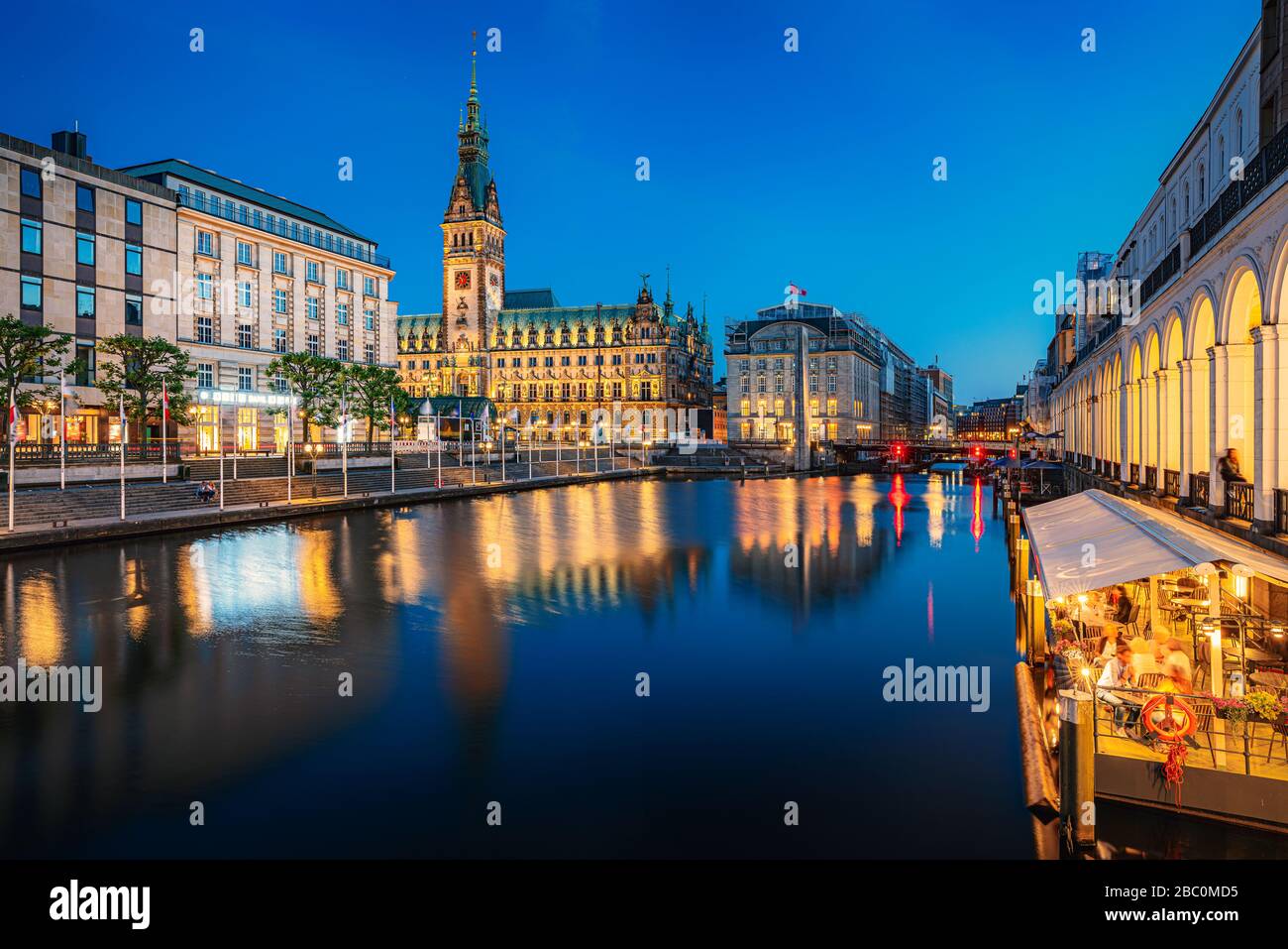 Hamburg skyline with city hall at twilight, Germany Stock Photo