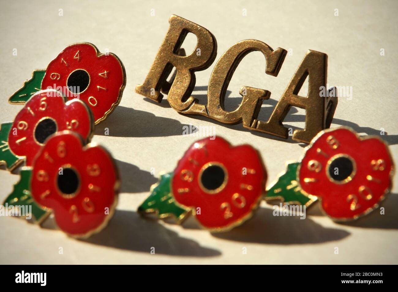 Shoulder title of the Royal Garrison Artillery of the British Army in World War 1, surrounded by poppy pin badges commemorating the war's centenary. Stock Photo