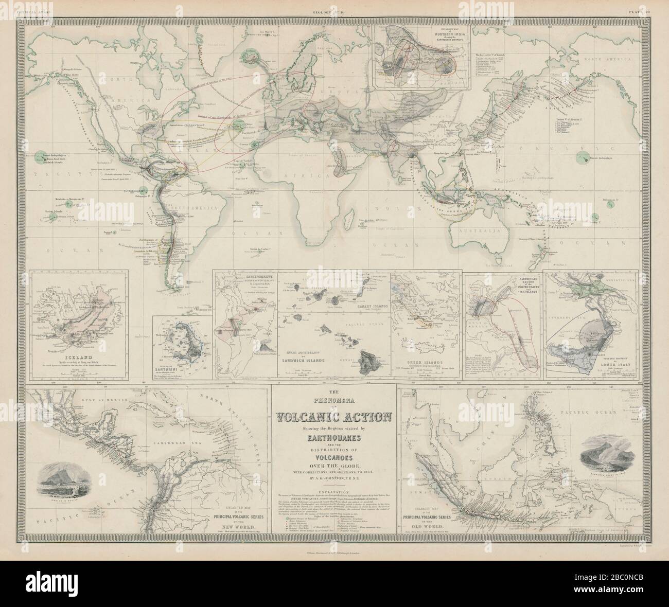 The Phenomena of Volcanic Action. World volcano & earthquake regions 1856 map Stock Photo
