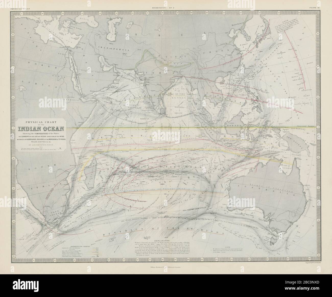 Indian Ocean physical chart. Hurricane Typhoon tracks. Currents 1856 old map Stock Photo