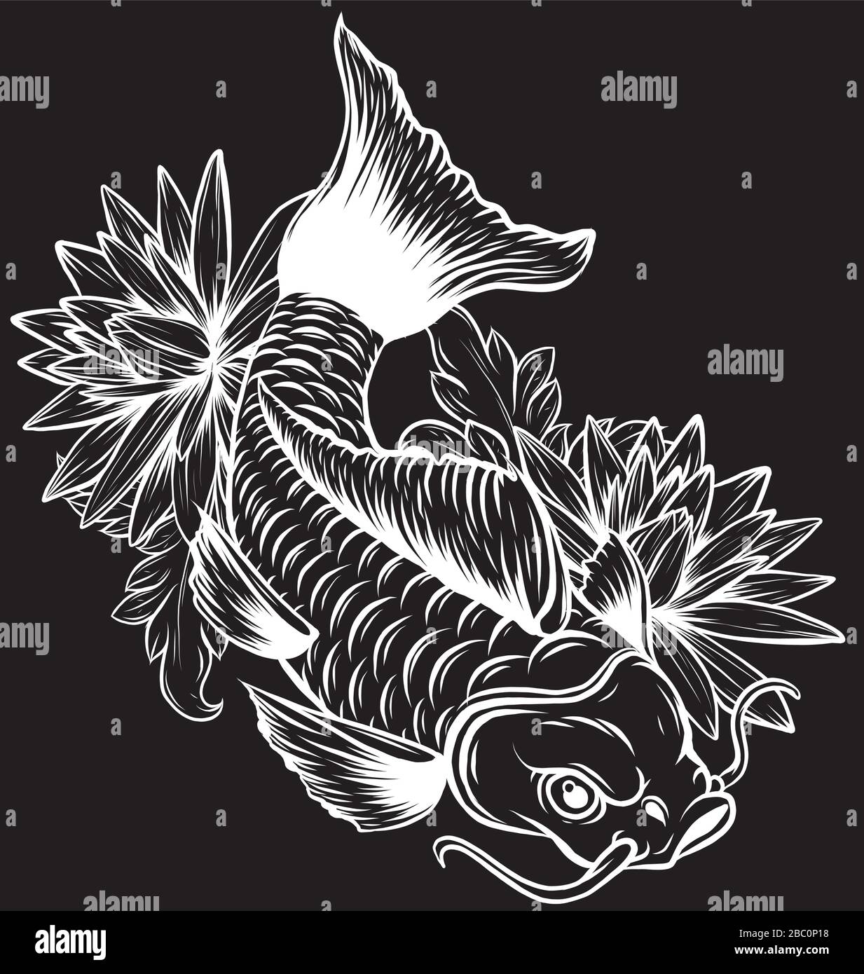 Koi carp fish in lotus water lily flowers. Stock Vector