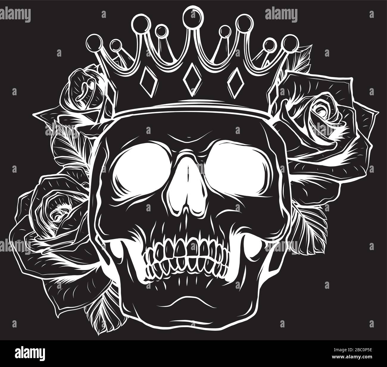 Vector illustration human death skull in crown with roses in black ...