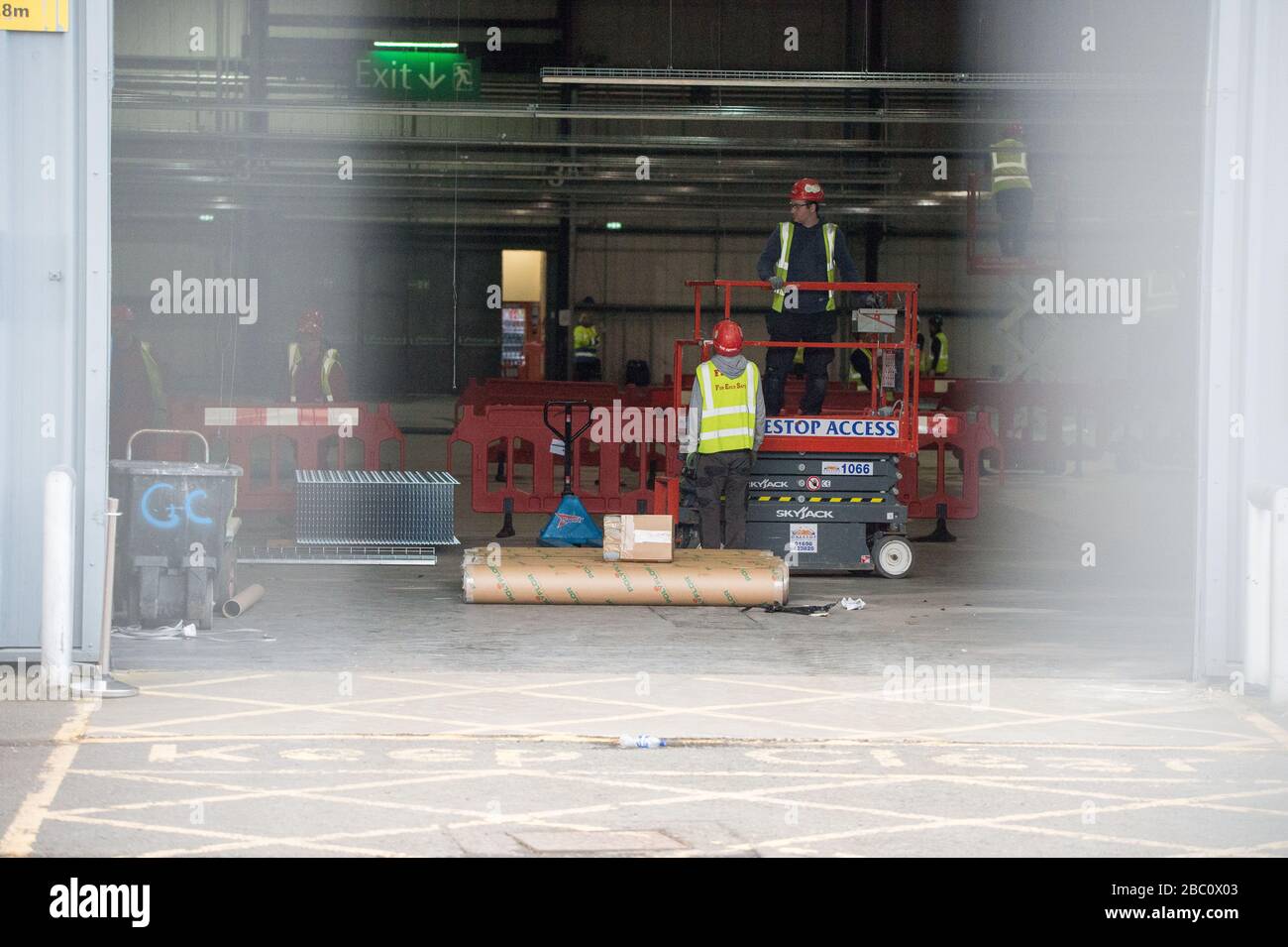 Pictured: Glasgow, UK. 2nd Apr, 2020. Pictured: Scenes showing the set up and construction of the new NHS Scotland medical facility being created at the Scottish Events Campus (SEC) in Glasgow is to be called NHS Louisa Jordan after Health Secretary Jeane Freeman announced the temporary hospital will be named after Sister Louisa Jordan, a First World War nurse who died on active service in Serbia in 1915. Credit: Colin Fisher/Alamy Live News Stock Photo