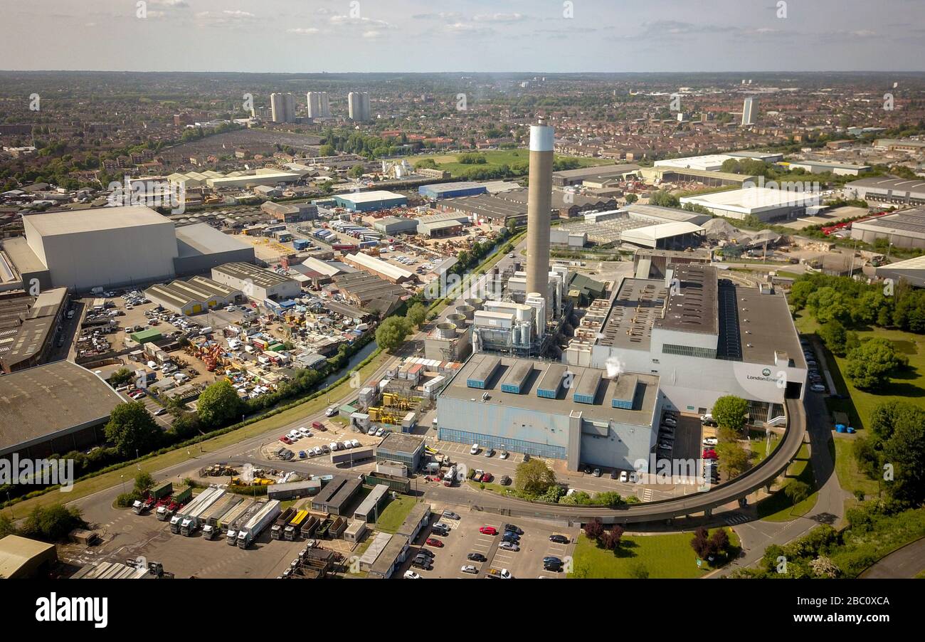 London Energy EcoPark waste-to-energy power station and incinerator and surrounding industrial estate in Edmonton, North London. Stock Photo
