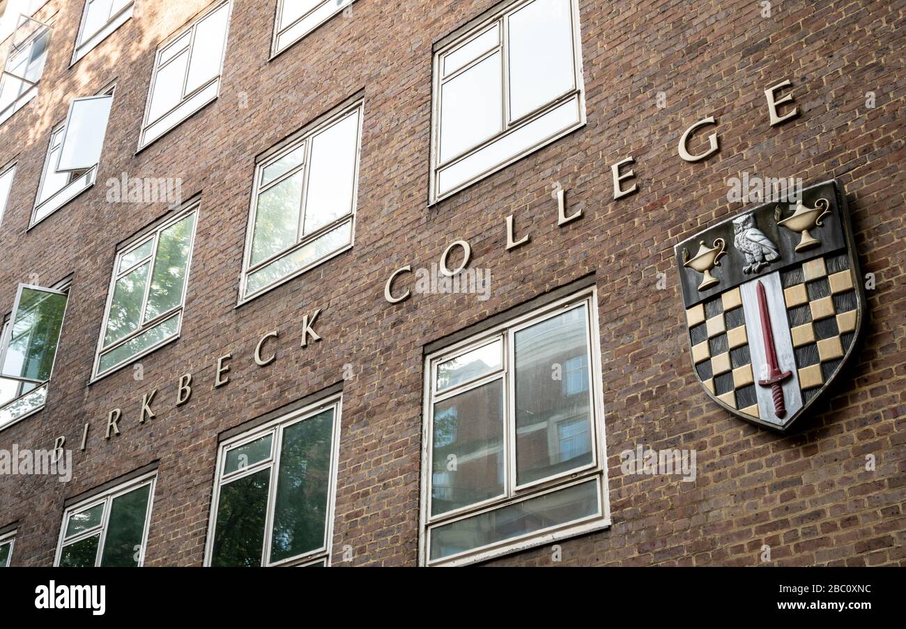 Birkbeck College, University of London. The coat of arms and signage on the exterior of the research facility of the University of London. Stock Photo