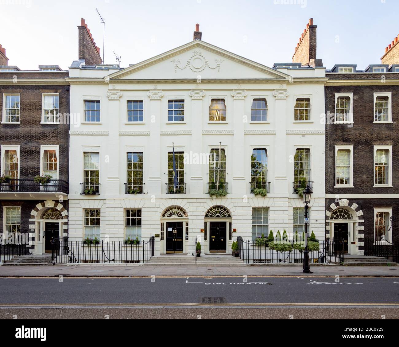The Georgian architecture façade to the New College of the Humanities situated in Bedford Square, London. Stock Photo