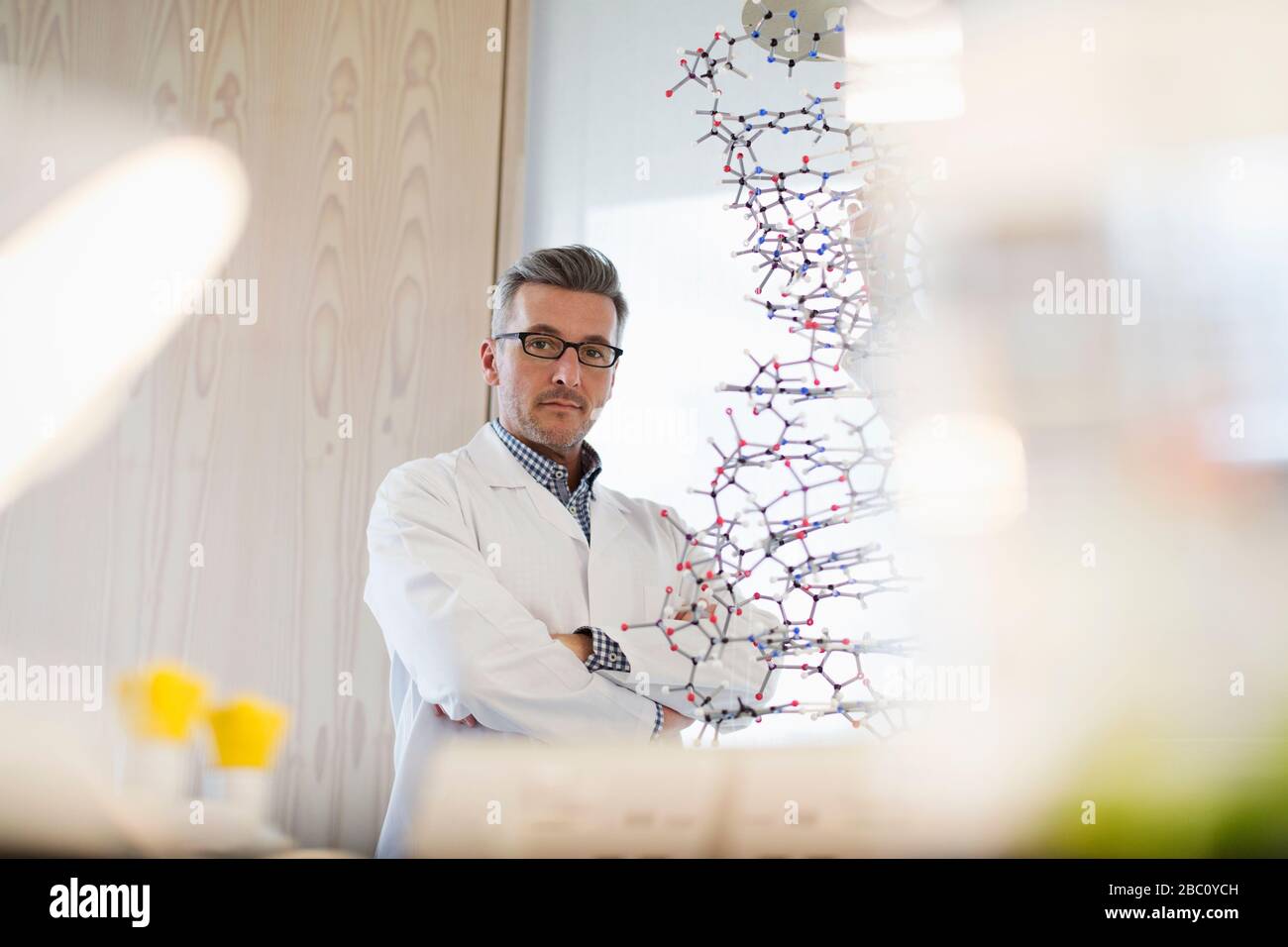 Portrait confident, serious male science teacher standing behind molecular structure in classroom Stock Photo