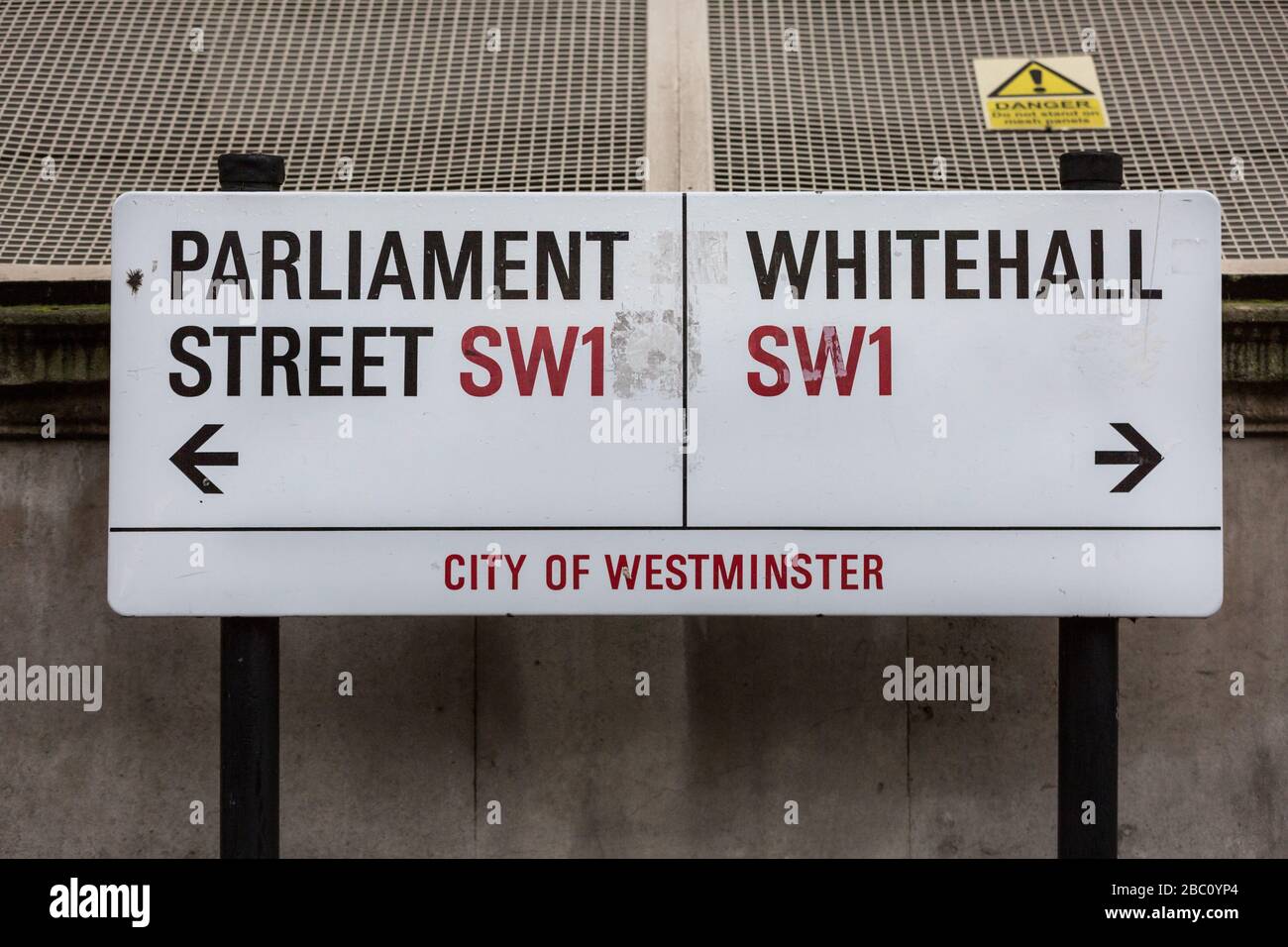 Parliament Street and Whitehall, SW 1 City of Westminster road street sign, London, UK Stock Photo