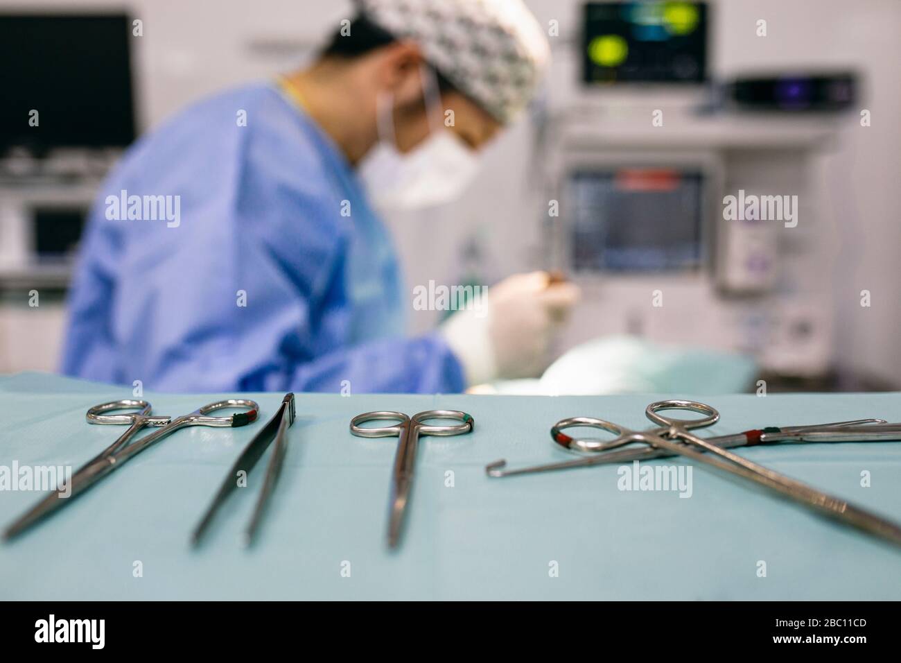 Surgical instruments prepared for use in a veterinary clinic Stock Photo