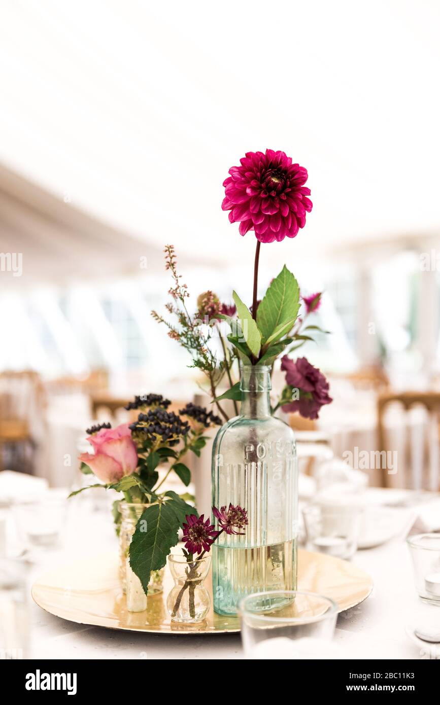 Cut wedding flowers displays and bouquets. Towcester, England, UK Stock Photo