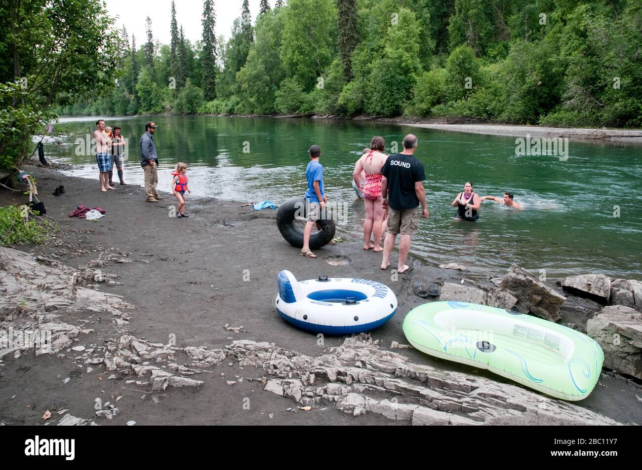 Locals swimming in the Kispiox River, a tributary of the Skeena River, in Gitsxan First Nation