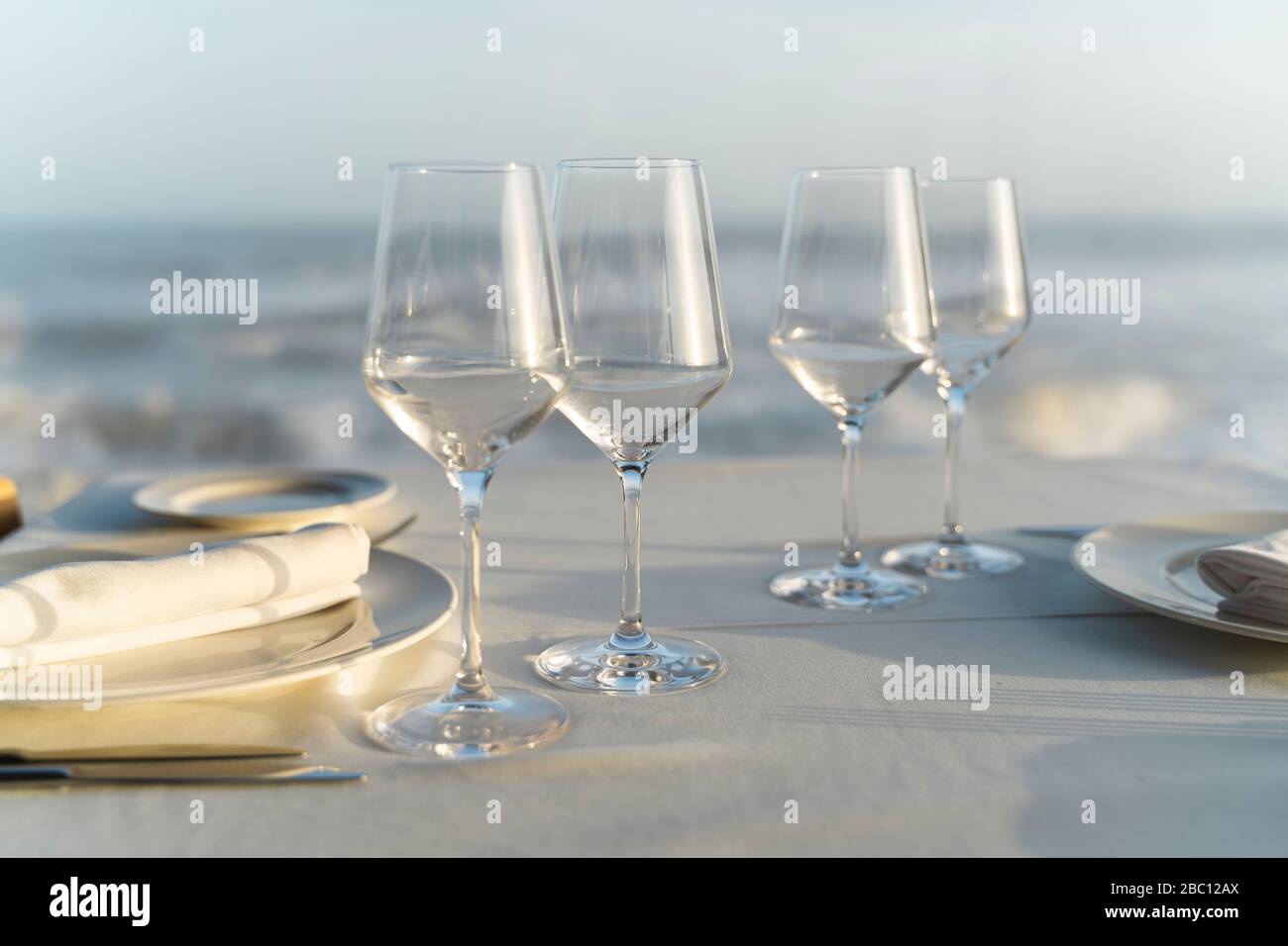 Spain, Empty wineglasses on set restaurant table Stock Photo