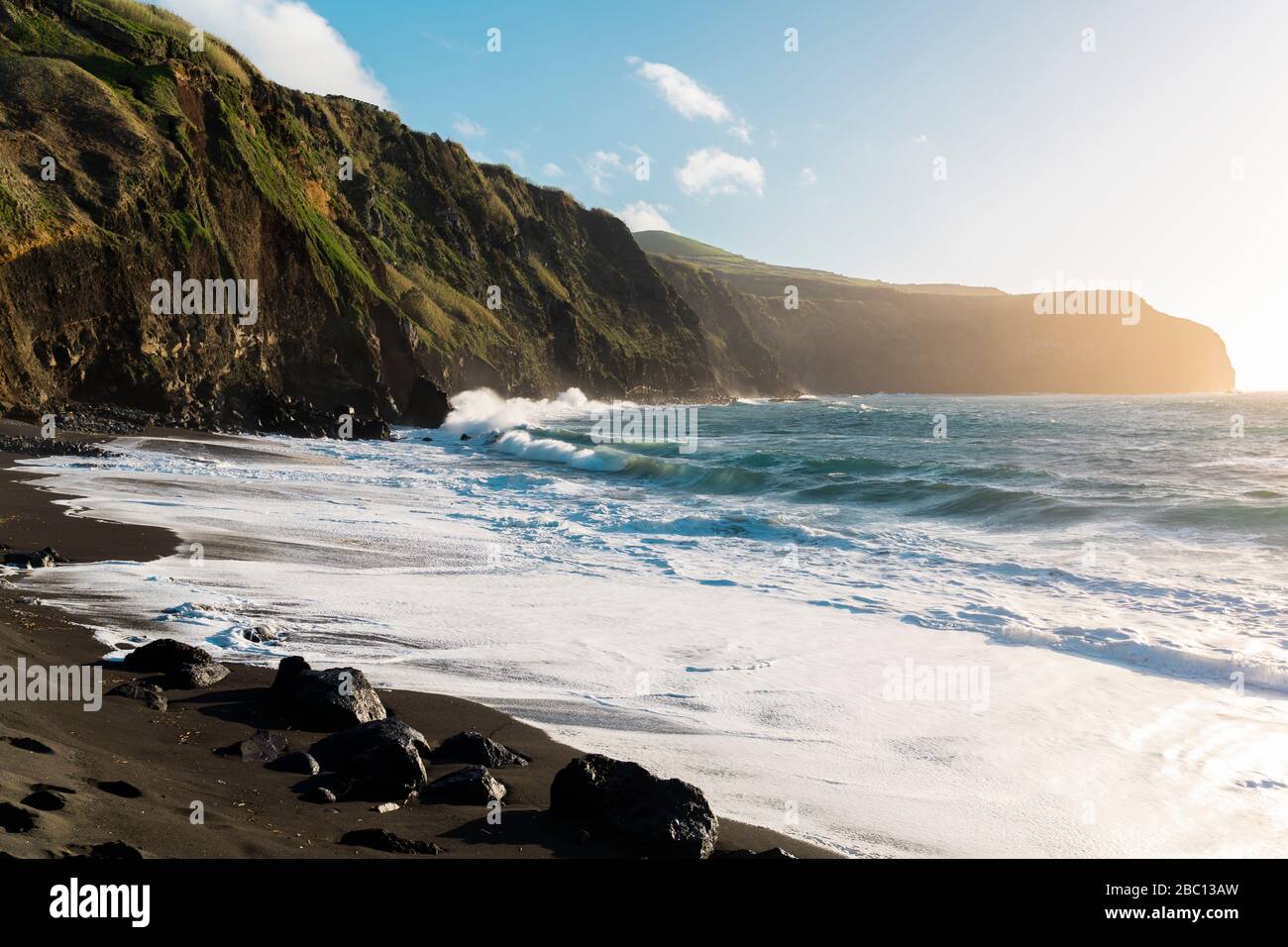Rocky coastline and beach, Sao Miguel Island, Azores, Portugal Stock Photo