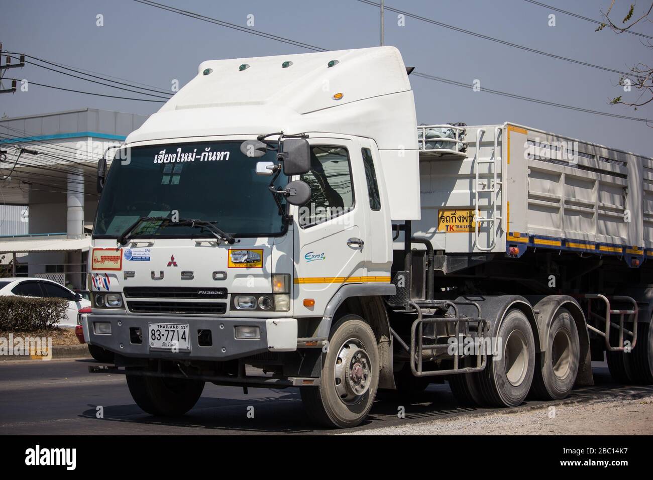 Chiangmai, Thailand - March  5 2020: Private Mitsubishi Fuso Dump Truck.  Photo at road no.121 about 8 km from downtown Chiangmai, thailand. Stock Photo