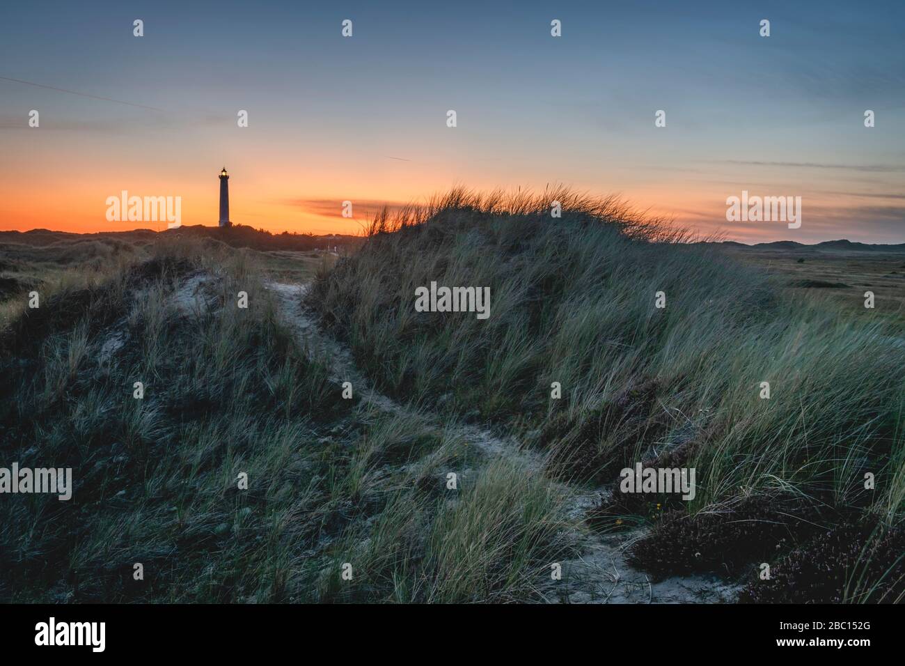 Denmark, Hvide Sande, Grassy coast at dusk with lighthouse in background Stock Photo