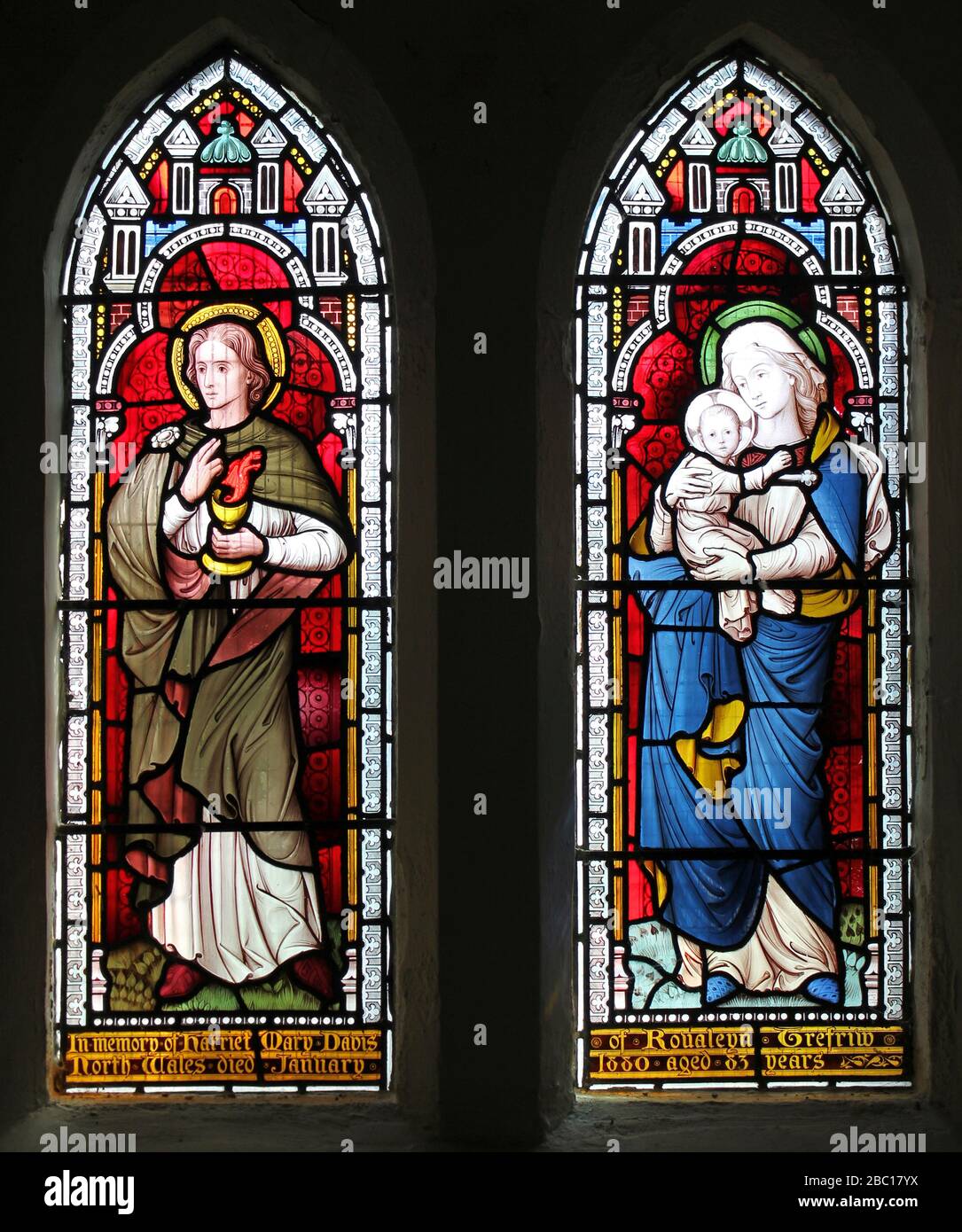 St John and The Virgin and Child Stained Glass Window, Trefriw, Wales Stock Photo