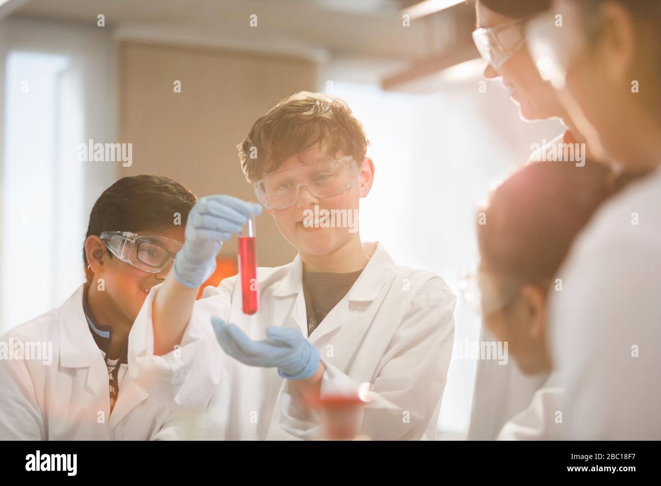 Students examining liquid in test tube, conducting scientific experiment in laboratory classroom Stock Photo