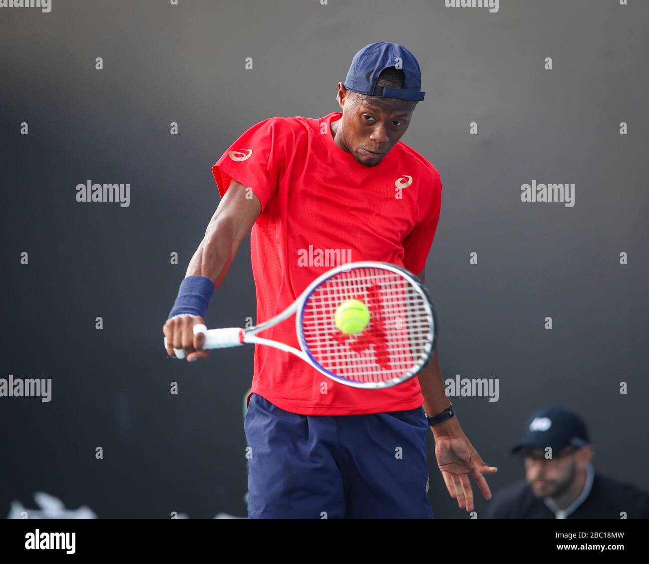 American tennis player Christopher Eubanks playing backhand shot in Australian Open 2020 Tennis Tournament, Melbourne Park, Melbourne, Victoria, Austr Stock Photo