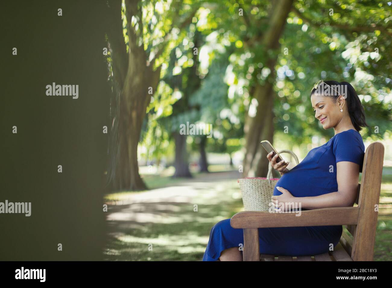 Smiling pregnant woman texting with cell phone on park bench Stock Photo
