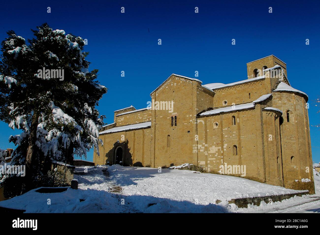 Snow-covered cathedral of the town of San Leo Stock Photo