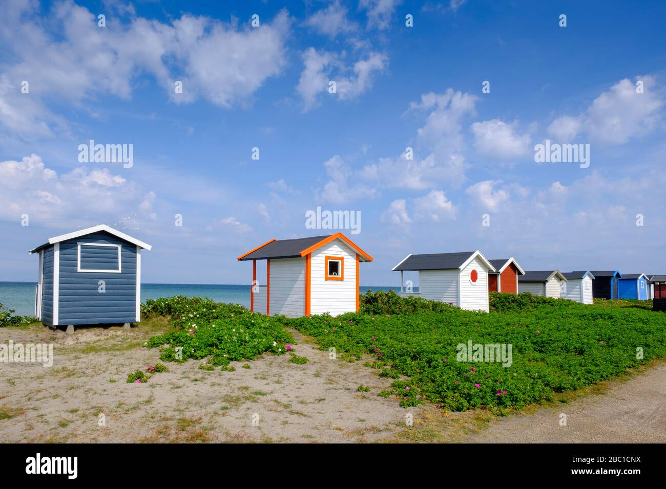 Badehäusschen im Naturschutzgebiet Flommen, Skanör Strand, Falsterbo, Skane, Skåne län, Südschweden, Schweden, Stock Photo