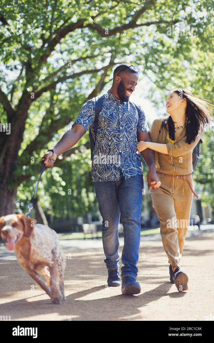 Smiling, happy young couple walking dog in sunny park Stock Photo