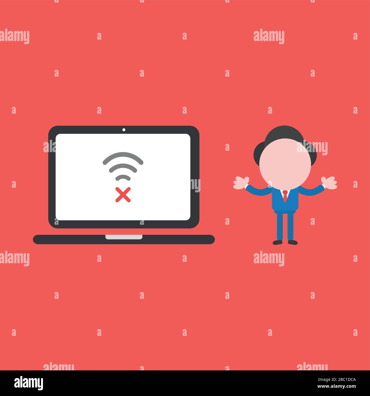 Vector illustration concept of businessman character with laptop computer, wireless wifi connect problem. Red background. Stock Vector