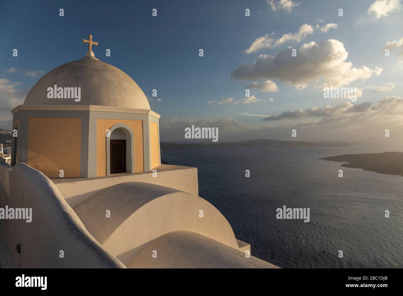 View of Santorini calsdera from behind the Church of St Stylianos Stock Photo