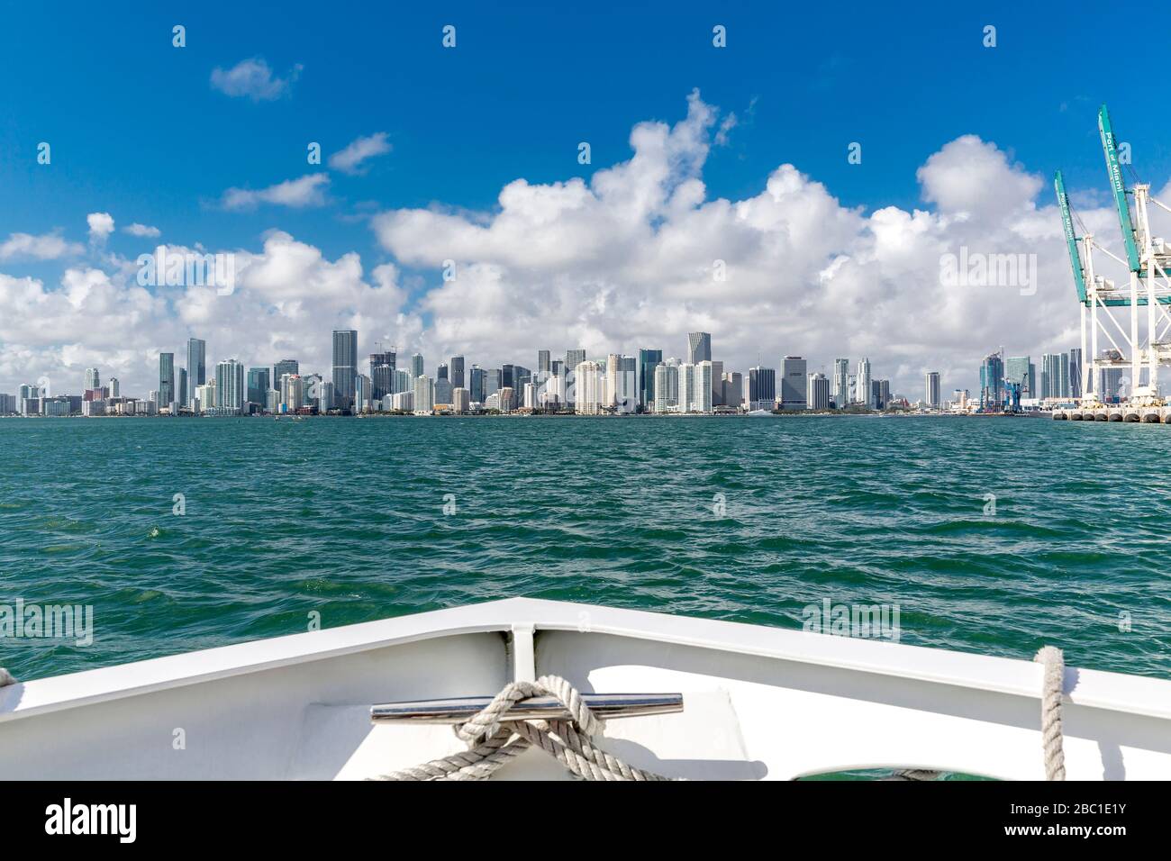 USA, Florida, skyline of Downtown Miami seen from boat on the water Stock Photo
