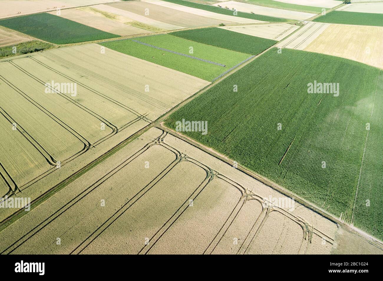 Aerial view of rural landscape with agricultural fields, patchwork ...